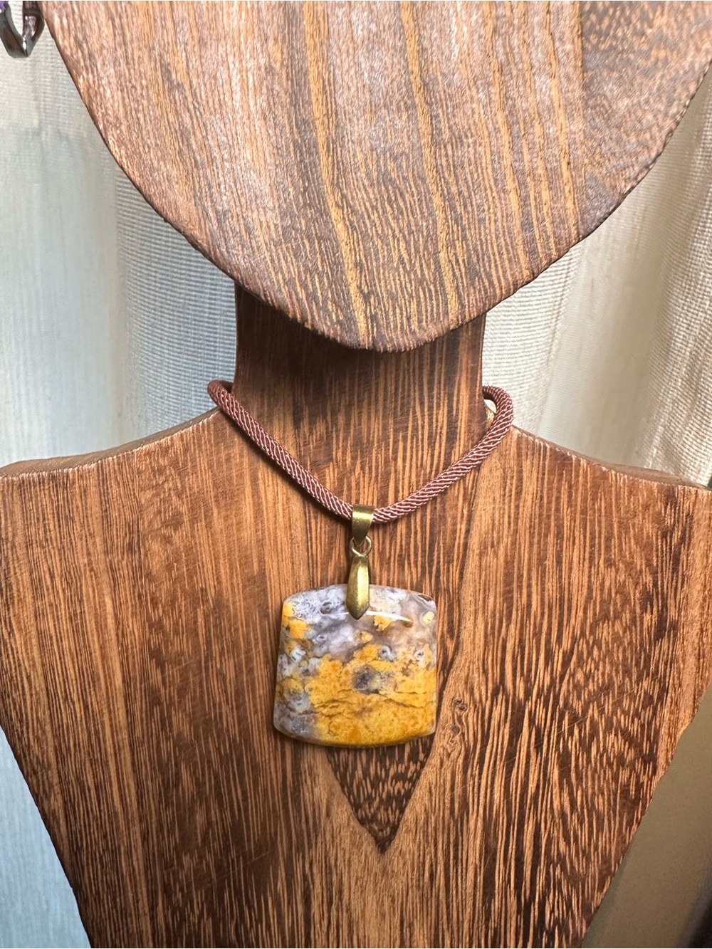Unique Square Yellow Jasper Pendant Necklace on Brown Rope - Picture 5 of 14